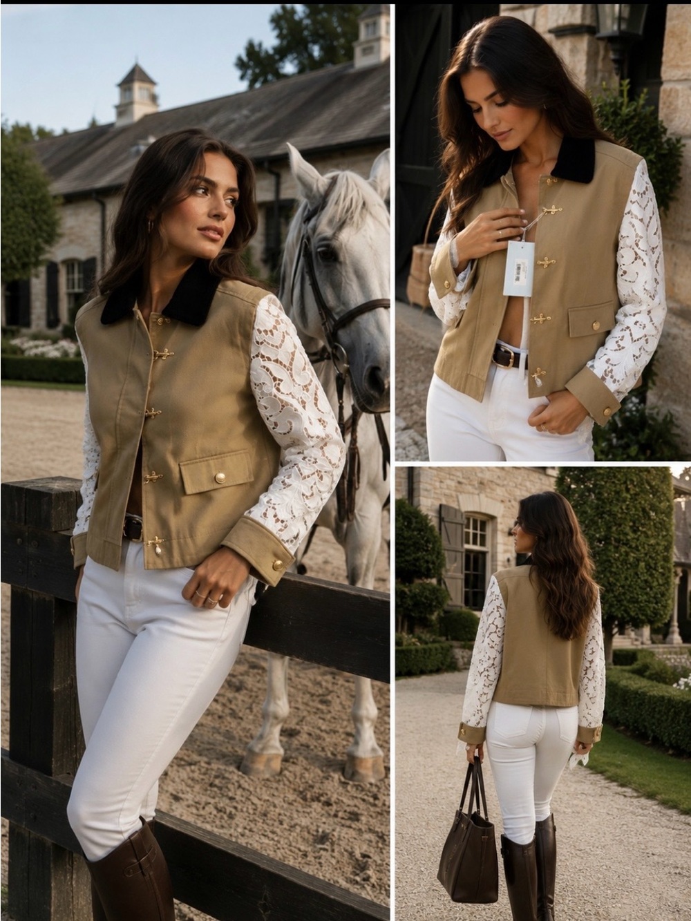 NEW - Hill House Khaki Utility Jacket with Black Collar and White Lace Sleeves
